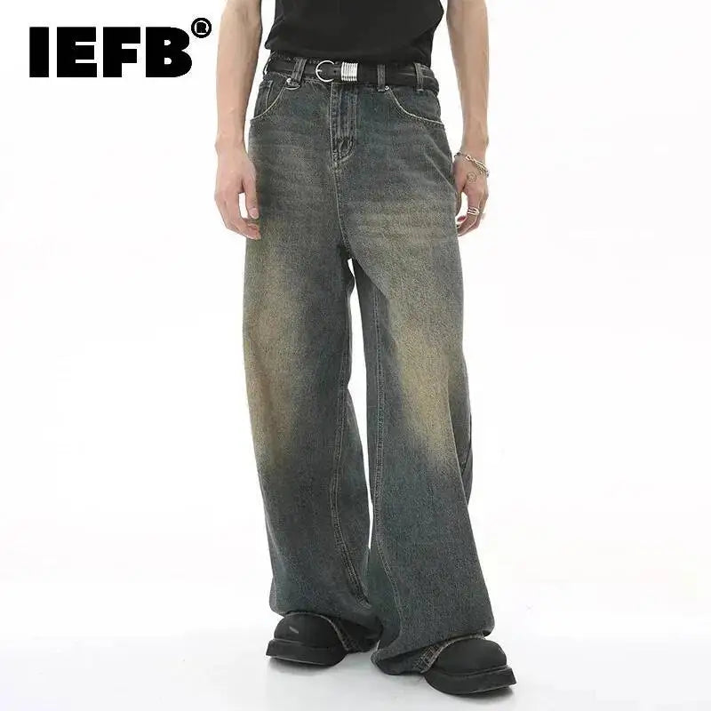 IEFB Men's Vintage Jeans Fashion Washed Street Casual Wide Leg Denim Pants Summer Distressed Loose Male Versatile Trousers 9C354