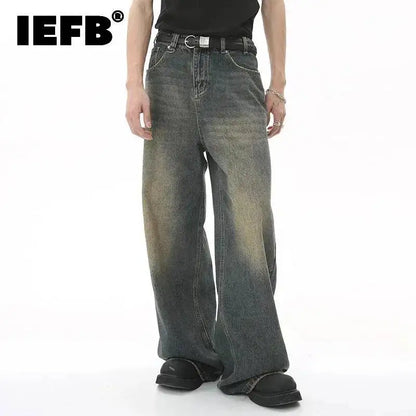IEFB Men's Vintage Jeans Fashion Washed Street Casual Wide Leg Denim Pants Summer Distressed Loose Male Versatile Trousers 9C354