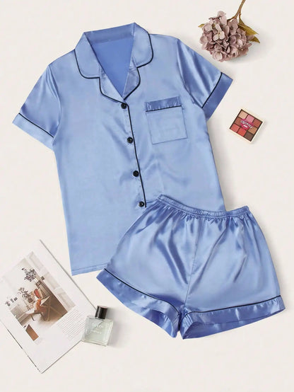 Women's Satin Pajama Set with Contrast Piping, Short Sleeve Button-Up Top & Shorts