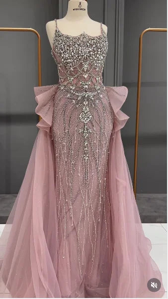 Customized Luxury Pink Spaghetti Strap Mermaid Beaded Prom Dresses with Overskirt Formal Party Gowns for Women Evening Dresses