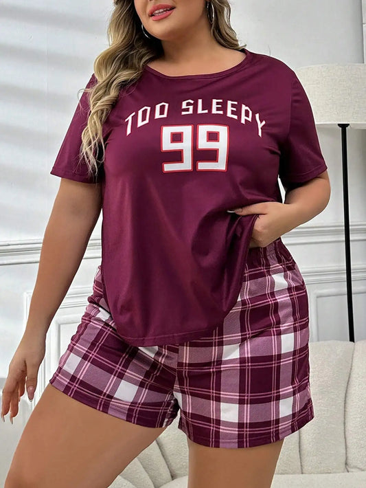 Plus Size Loose Fit Short Sleeve Top with Graphic Print and Plaid Shorts Pajama Set