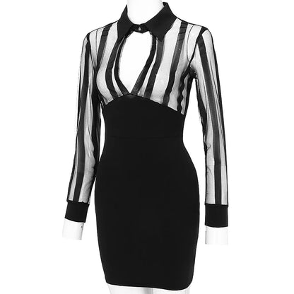 Women Long Sleeve Sheer Mesh Patchwork Bodycon Dresses Casual Work Dress Skiny Sequined Slim Fit Evening Party Dress Vestidos