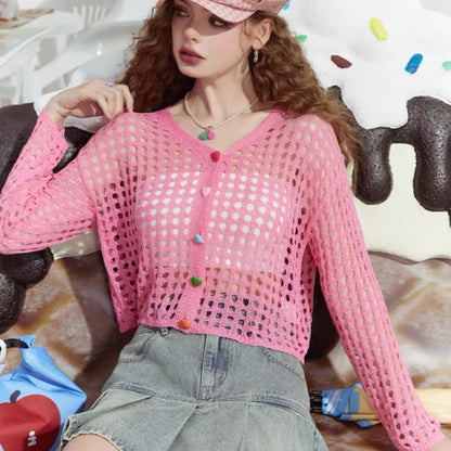 Crochet Cardigan Women Multicolor Heart Button Front Long Sleeve Sheer Openwork Knit Top Jacket Teen-girl Boho Vacation Outfit