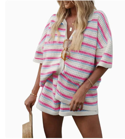 Hollow Striped Knitted 2 Pieces Set Short