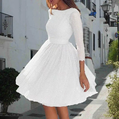Dazzling Evening Gown Glitter Starry Tulle Prom Dress Crew Neck Formal Women Evening Dress Mesh Cocktail Party Short Dress 80%