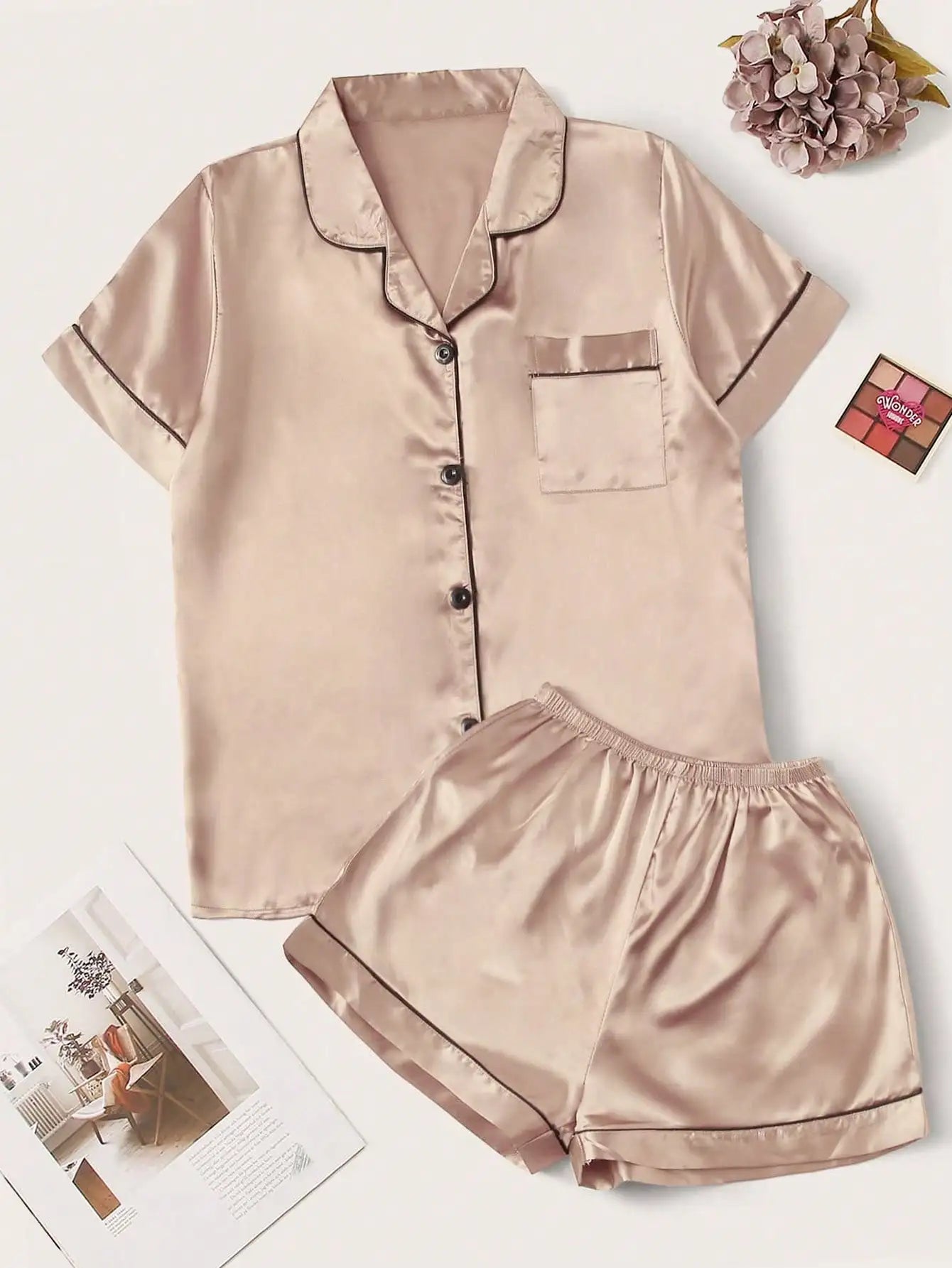 Women's Satin Pajama Set with Contrast Piping, Short Sleeve Button-Up Top & Shorts
