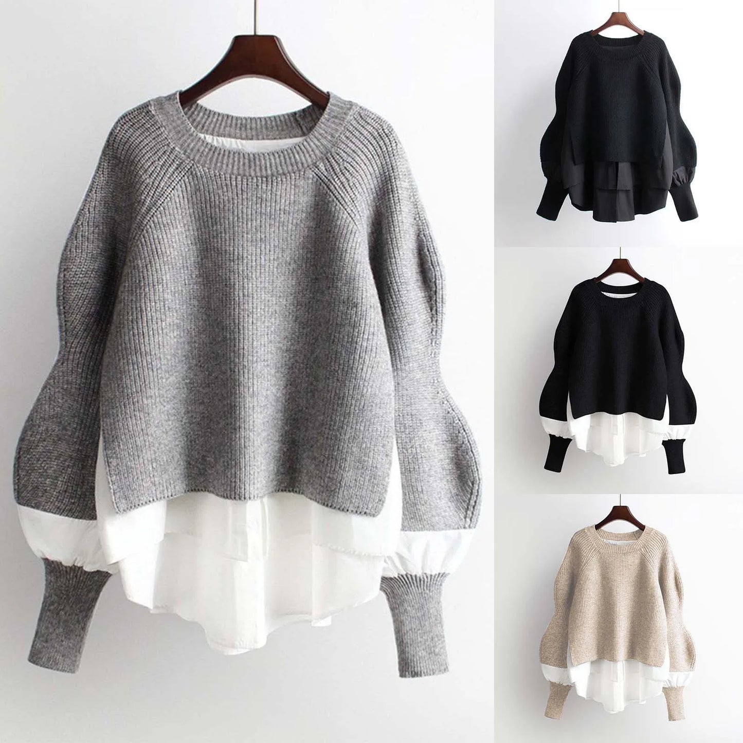 Patchwork Knit Pullover Sweaters for Women Lantern Sleeve Round Neck Warm Sweaters Polar Soft Sweater Top Autumn Winter Clothes