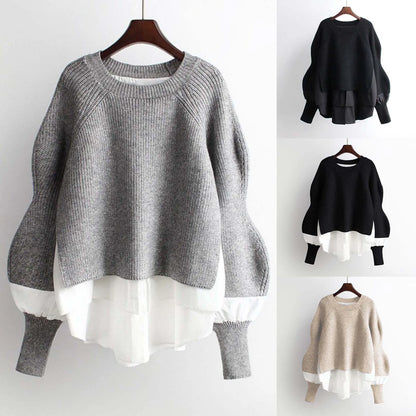 Patchwork Knit Pullover Sweaters for Women Lantern Sleeve Round Neck Warm Sweaters Polar Soft Sweater Top Autumn Winter Clothes