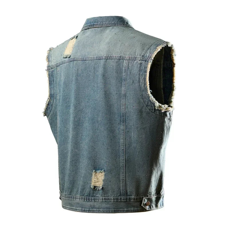 Blue Men's Ripped Sleeveless Denim Jacket, Single Breasted Loose Vintage Old Vest Coat, 2025 New