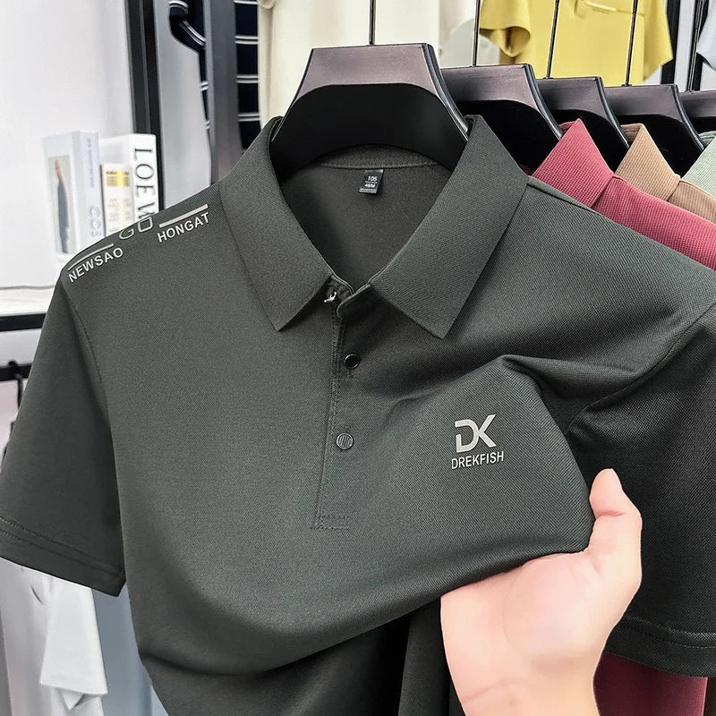 Mens Vertical Fine Rib Short Sleeve Polo Shirts Minimal Chest Embroidery Anti Crease Soft Comfort Daily Business Shirts