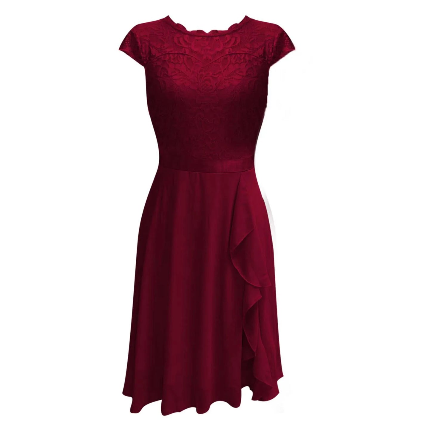 Ladies Casual Cocktail Dress With Waist Crew Neck Lace Short Sleeved Temperament Dresses Solid Formal Party Dresses Woman