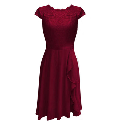 Ladies Casual Cocktail Dress With Waist Crew Neck Lace Short Sleeved Temperament Dresses Solid Formal Party Dresses Woman