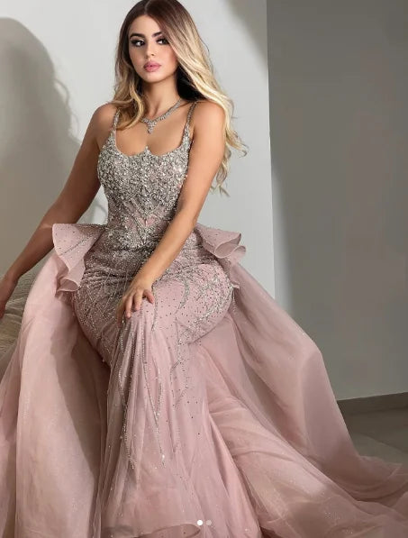 Customized Luxury Pink Spaghetti Strap Mermaid Beaded Prom Dresses with Overskirt Formal Party Gowns for Women Evening Dresses