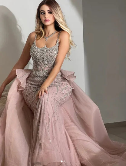 Customized Luxury Pink Spaghetti Strap Mermaid Beaded Prom Dresses with Overskirt Formal Party Gowns for Women Evening Dresses
