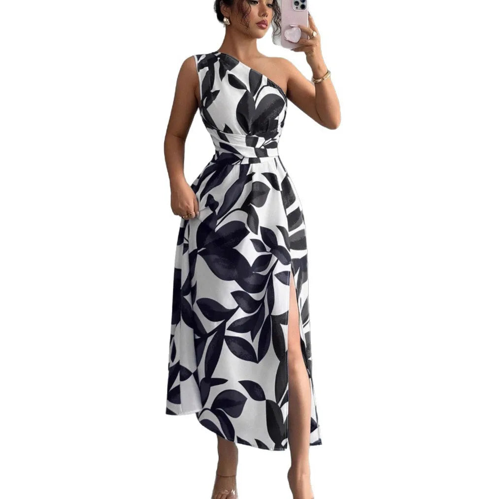 Cross-Border Spring Summer New Floral Print Asymmetrical Shoulder Split Long Dress Sexy Holiday Beach Casual Street Style
