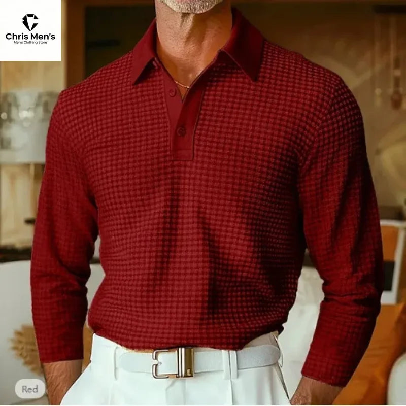 Men's Waffle Knit Long Sleeve Polo Shirt, Solid Textured Casual Golf Shirt, Breathable Pullover for Business & Daily