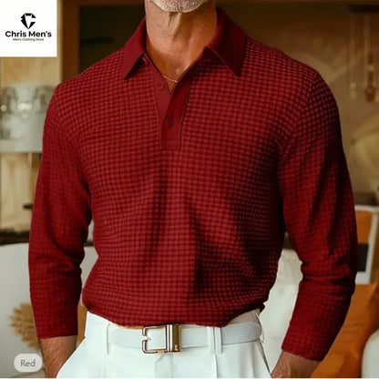 Men's Waffle Knit Long Sleeve Polo Shirt, Solid Textured Casual Golf Shirt, Breathable Pullover for Business & Daily