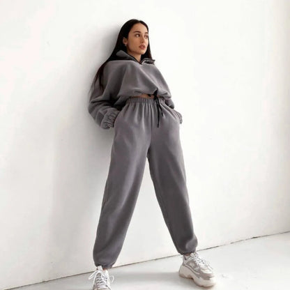 2Pcs/Set Women Sportswear Suit Casual Trousers Solid Color Hooded Sweatshirt And Pant Tracksuit Sport Suit Pullover Sweatshirt