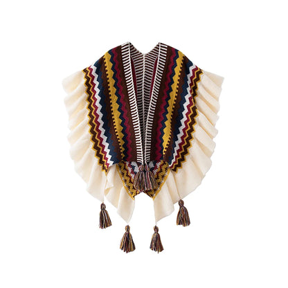 Women Spring Autumn Bohemia Shawl Lady Mohair Knitted Tassel Cardigan Retro Ethnic Wrap Striped Ruffled Scarf for Travel New in