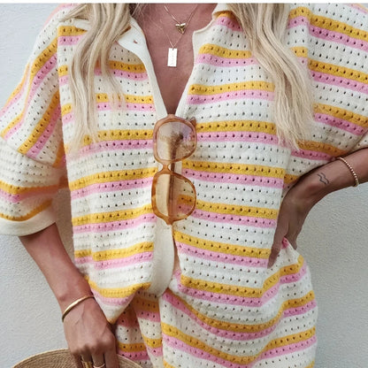 Hollow Striped Knitted 2 Pieces Set Short