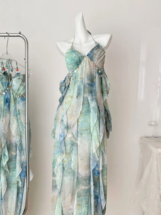 2025 Elegant Halter Neck Ruffled Maxi Dress Women Blue Green Floral Print Bohemian Design Beach Vacation Casual Party Dress New