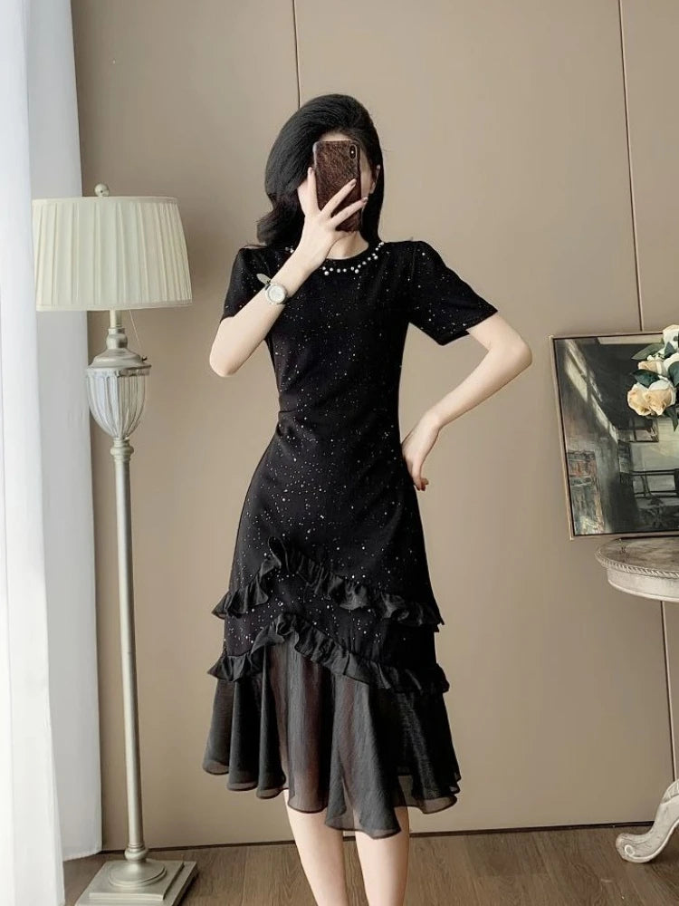 Women's Black Beaded Evening Dress 2026 Summer High Waist Slim Fit Mesh Panel Mermaid Hem Party Gown