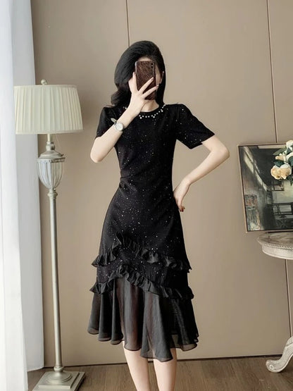 Women's Black Beaded Evening Dress 2026 Summer High Waist Slim Fit Mesh Panel Mermaid Hem Party Gown