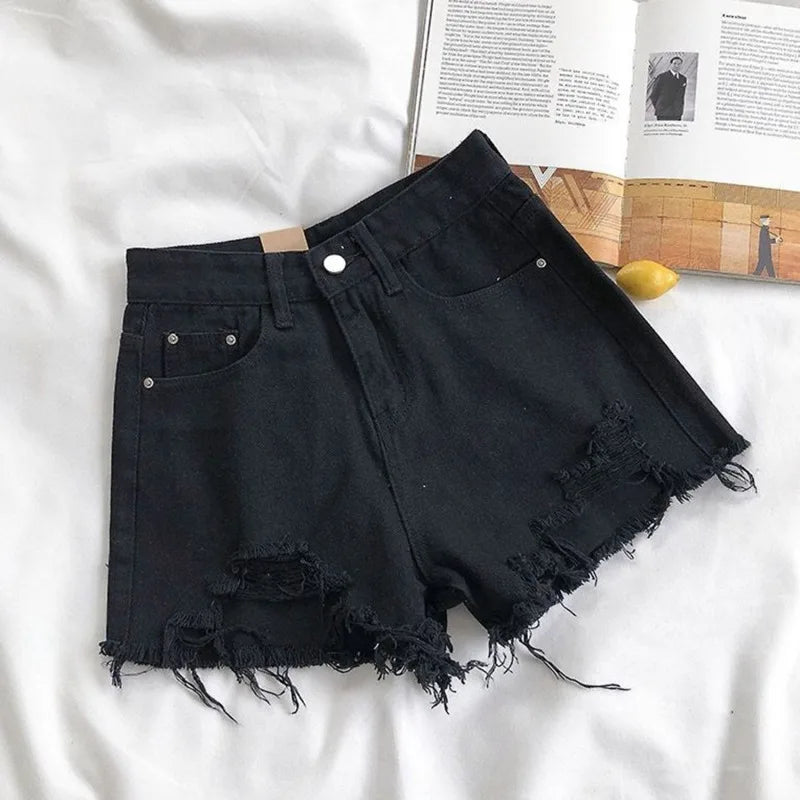 Korean Denim Shorts Women Summer Fashion Casual High Waist Ripped Jeans Pocket Tassel Hot Pants Streetwear Blue Trousers