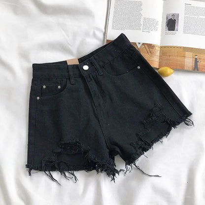Korean Denim Shorts Women Summer Fashion Casual High Waist Ripped Jeans Pocket Tassel Hot Pants Streetwear Blue Trousers
