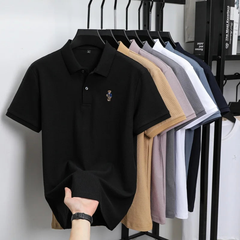 100% pure cotton new men's short sleeved polo shirt summer fashion original high-end brand bear embroidery golf casual T-shirt