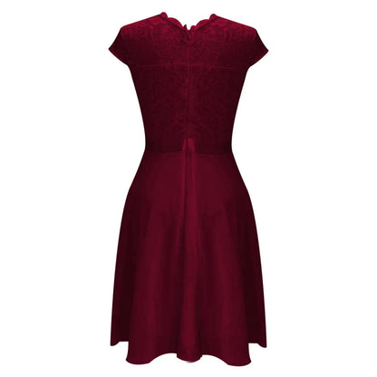 Ladies Casual Cocktail Dress With Waist Crew Neck Lace Short Sleeved Temperament Dresses Solid Formal Party Dresses Woman