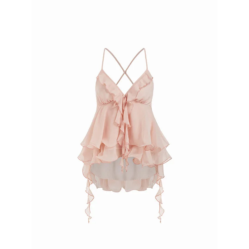 Y2k Cute Pink Ruffle Chiffon Cami Top Sexy V-neck Vest Tiered Flowy Sleeveless Blouse 2026 Summer New Casual Women's Clothing