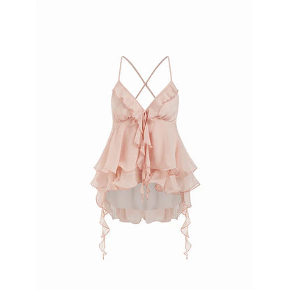 Y2k Cute Pink Ruffle Chiffon Cami Top Sexy V-neck Vest Tiered Flowy Sleeveless Blouse 2026 Summer New Casual Women's Clothing