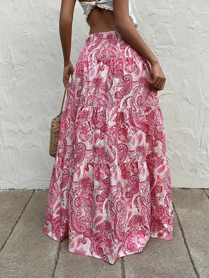 Vacation Style Stretchy Waist Long Maxi Skirt - Flowy Beach Skirt with Elastic Waistband