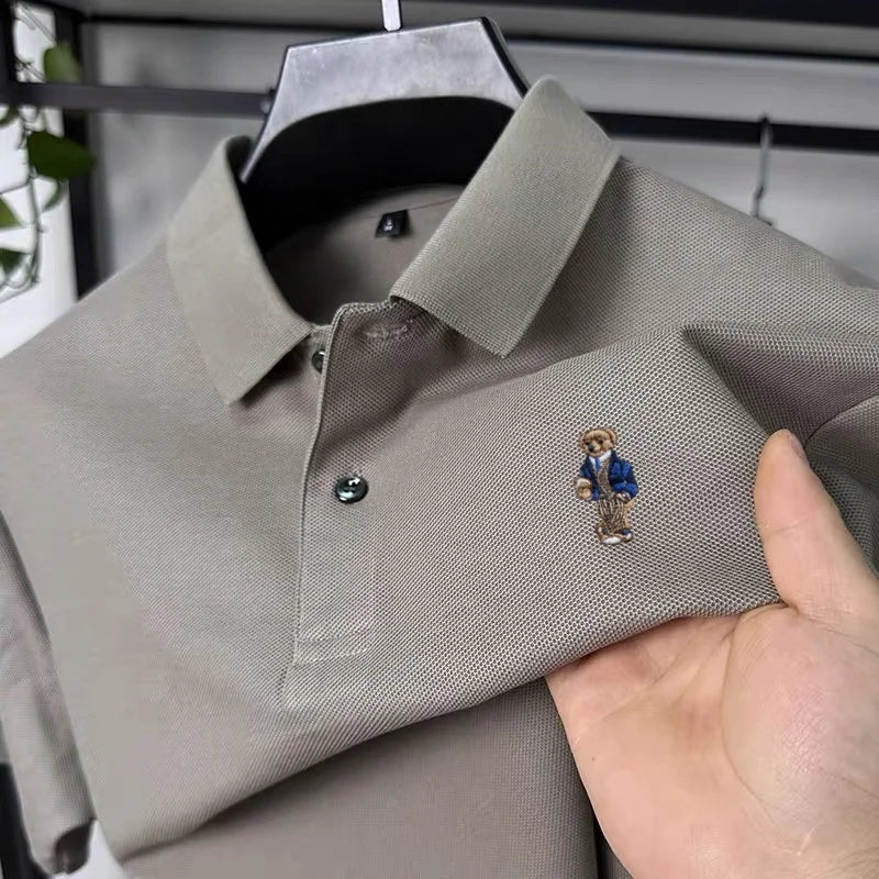 100% pure cotton new men's short sleeved polo shirt summer fashion original high-end brand bear embroidery golf casual T-shirt