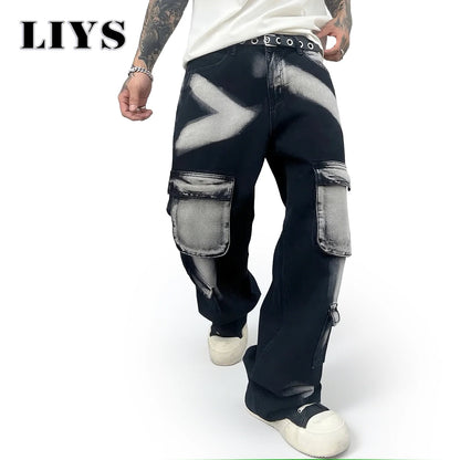 Trousers Streetwear Aesthetic Men's Jeans Tie Dye Man Cowboy Pants Wide Leg Hip Hop Goth Soft Cotton Original Multi Bag Jeans