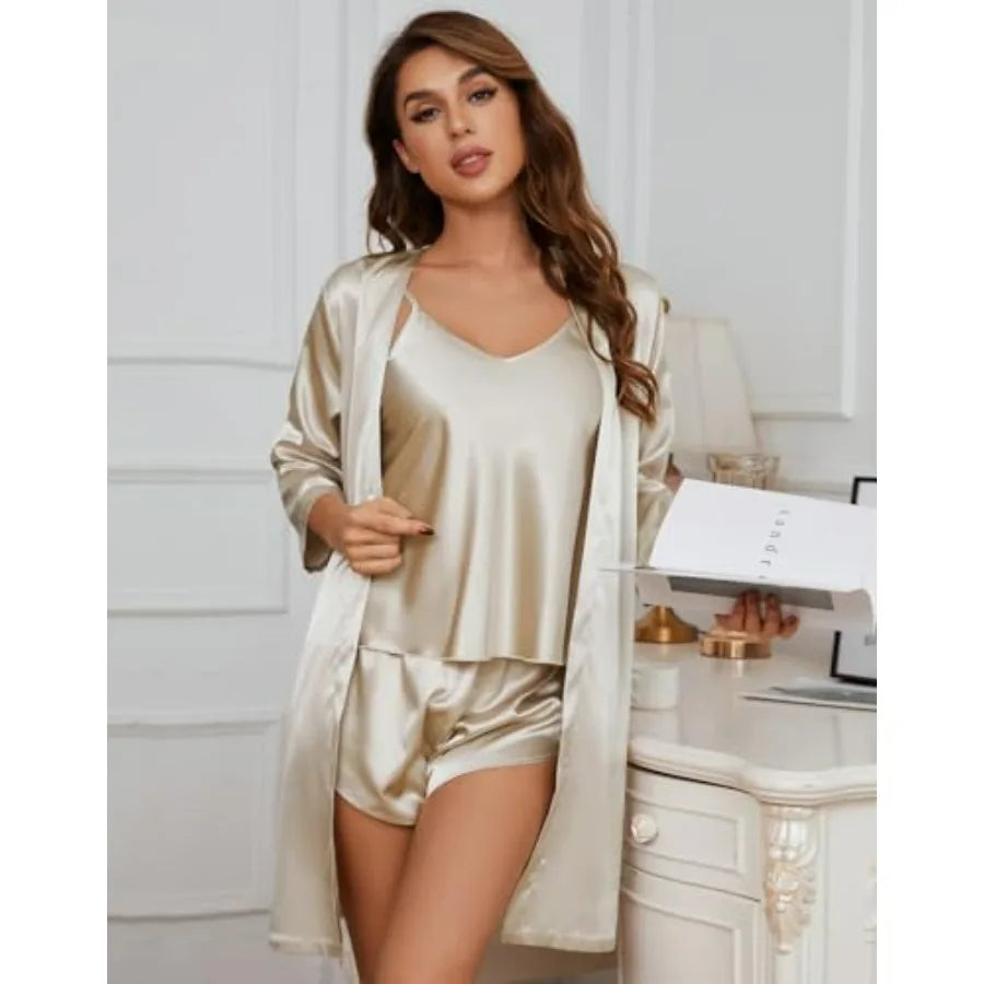 SAPJON Silk Pajamas for Women 5Pcs Sleepwear Loungewear Satin Robe Cami Shorts Pj Set