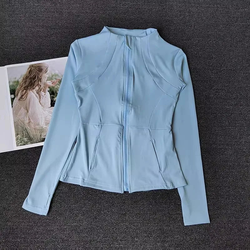 Women's Slim Fit Long Sleeve Sports Jacket Zip Fitness Yoga Workout Jacket Slim Tight Gym ActiveWear Top Running Jacket