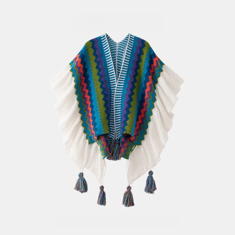 Women Spring Autumn Bohemia Shawl Lady Mohair Knitted Tassel Cardigan Retro Ethnic Wrap Striped Ruffled Scarf for Travel New in