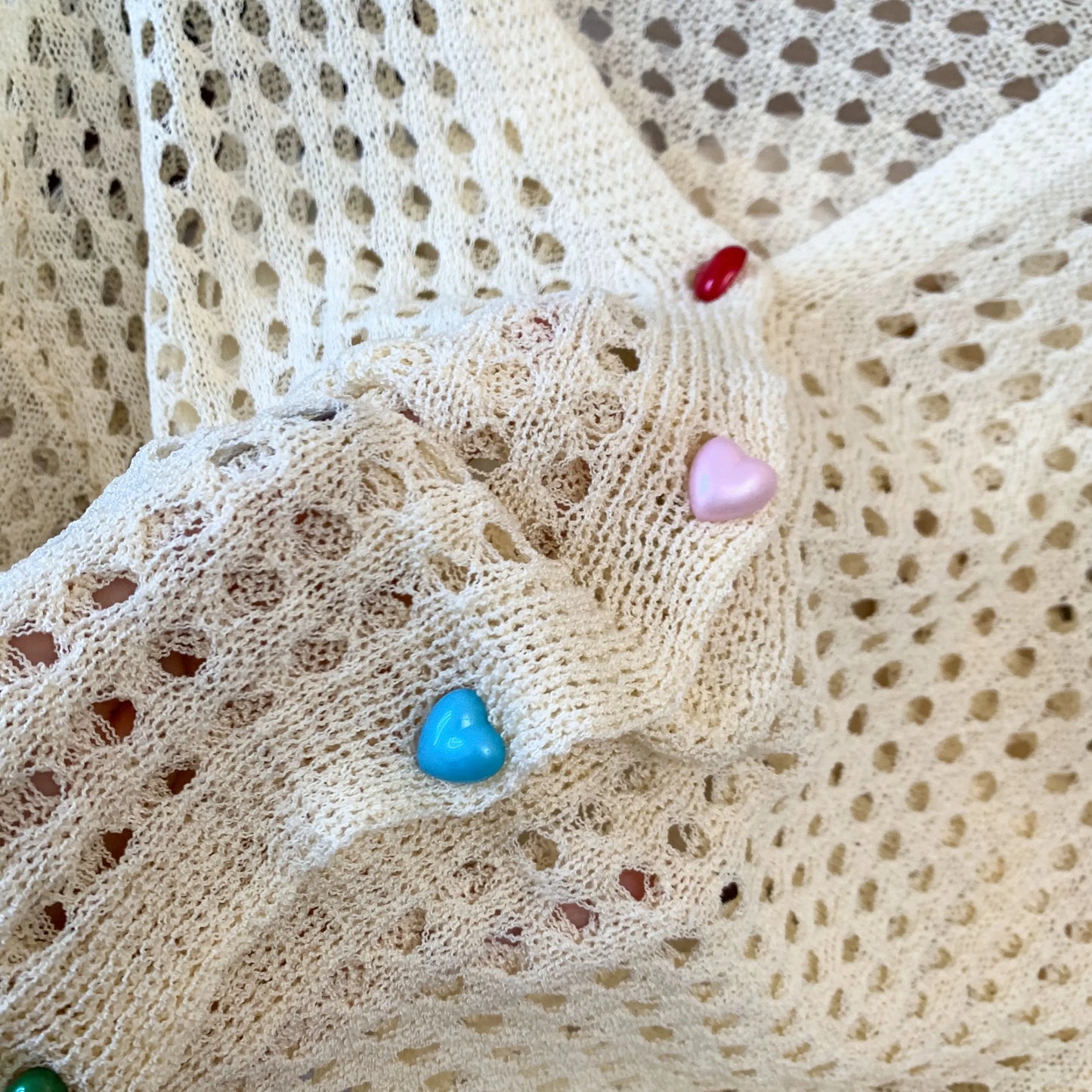 Crochet Cardigan Women Multicolor Heart Button Front Long Sleeve Sheer Openwork Knit Top Jacket Teen-girl Boho Vacation Outfit