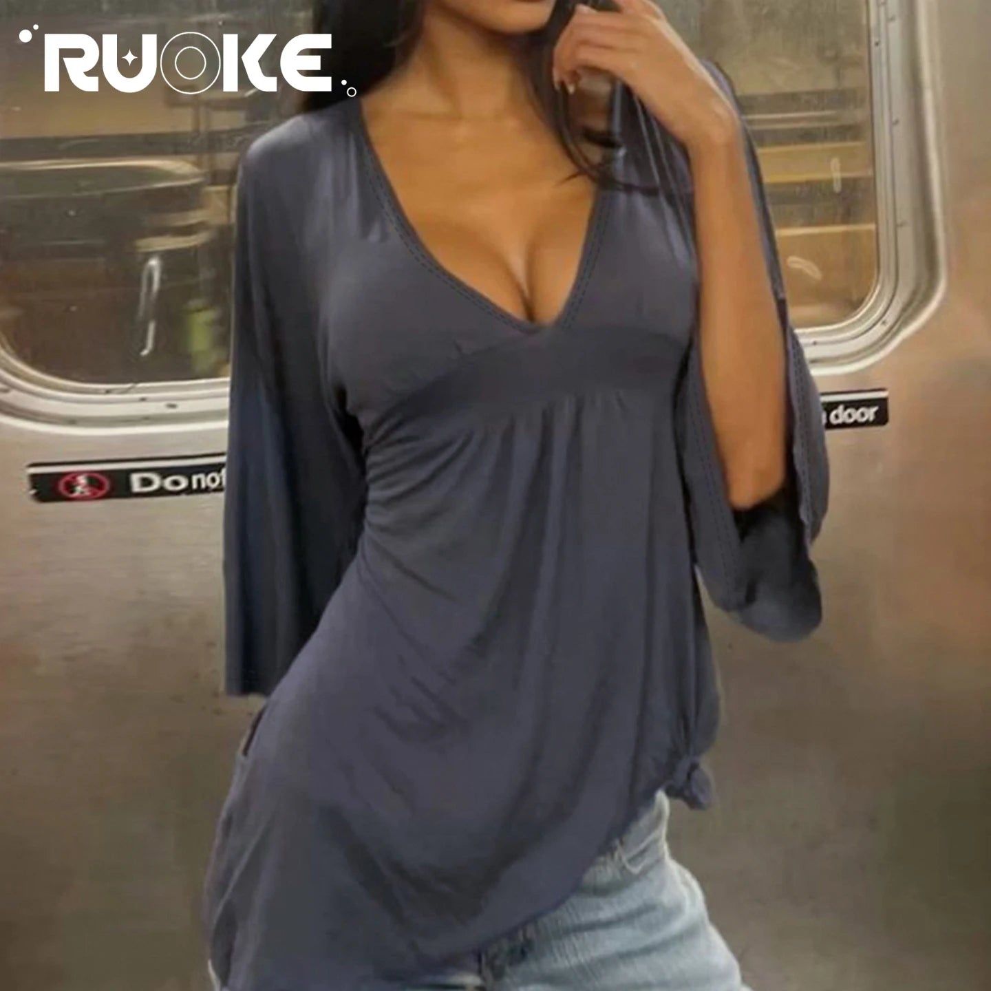 [RUOKE] Women Casual Deep V Neck Blouse Loose Fit Long Sleeve Top Flowy Bell Sleeve Tunic Shirt Daily T-shirt Sexy Summer Outfit