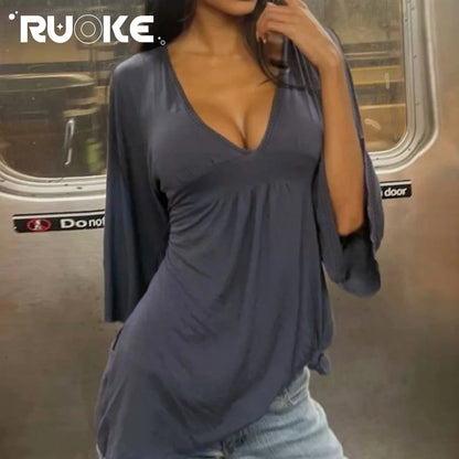 [RUOKE] Women Casual Deep V Neck Blouse Loose Fit Long Sleeve Top Flowy Bell Sleeve Tunic Shirt Daily T-shirt Sexy Summer Outfit