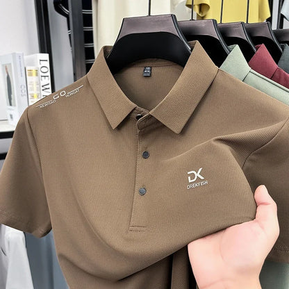 Mens Vertical Fine Rib Short Sleeve Polo Shirts Minimal Chest Embroidery Anti Crease Soft Comfort Daily Business Shirts