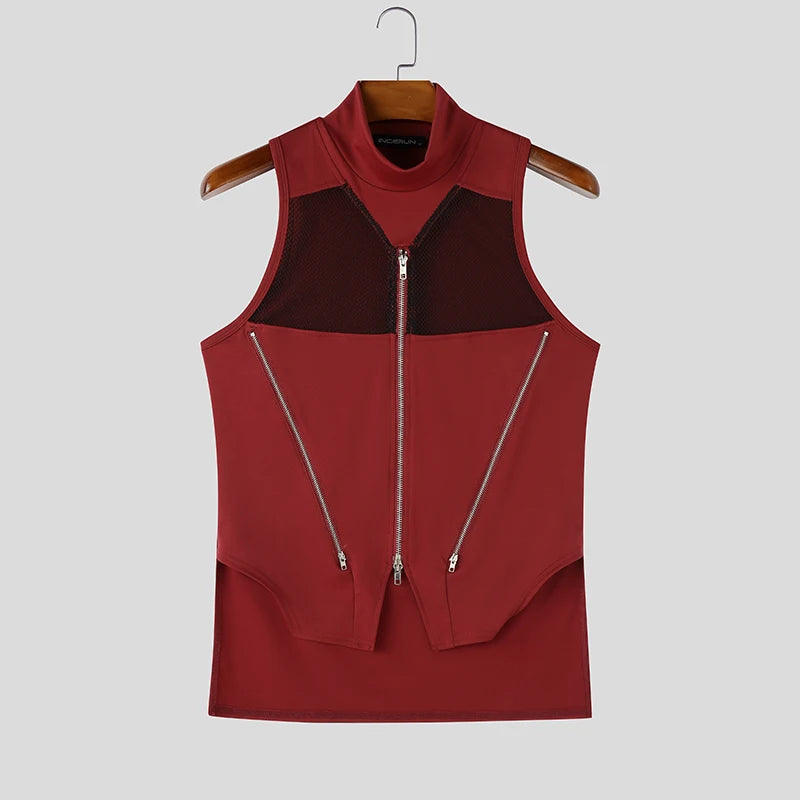 INCERUN Men Tank Tops Mesh Patchwork Turtleneck Zipper See Through Sleeveless Men Clothes Streetwear Irregular Tops Male Vests