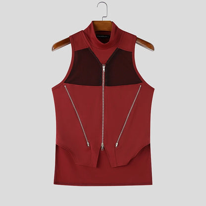 INCERUN Men Tank Tops Mesh Patchwork Turtleneck Zipper See Through Sleeveless Men Clothes Streetwear Irregular Tops Male Vests