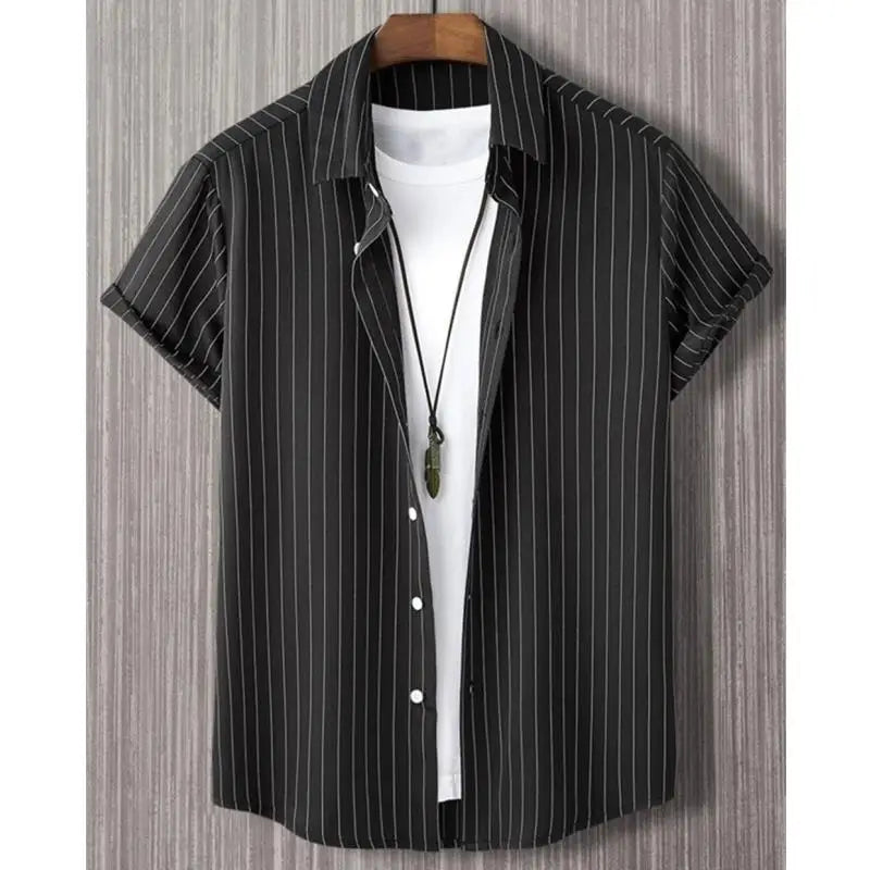 Alternating Striped Man Shirt Summer Minimalist Shirts Beach Casual Style Short Sleeved White  Shirt Men's Hawaii Vacation Tops