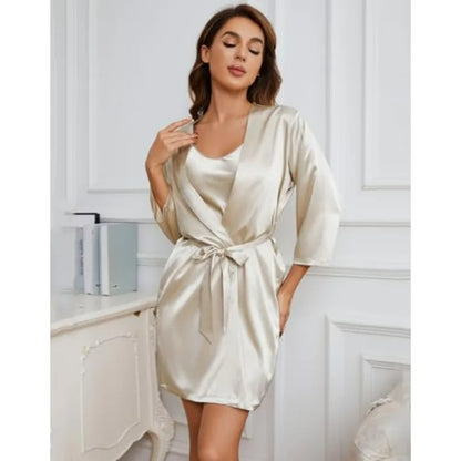 SAPJON Silk Pajamas for Women 5Pcs Sleepwear Loungewear Satin Robe Cami Shorts Pj Set