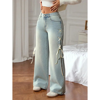 Women Casual Denim Pants Washed Lace Up Loose Spliced Long Pant Wide Leg Trousers Solid Pocket Elegant Lady Jeans Winter 2025