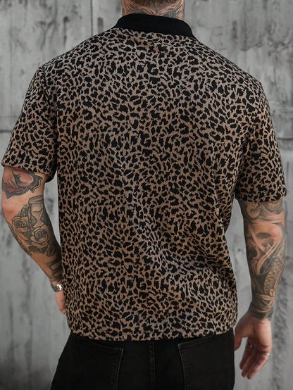 Men's Short Sleeve Leopard Print Polo Shirt Casual Streetwear