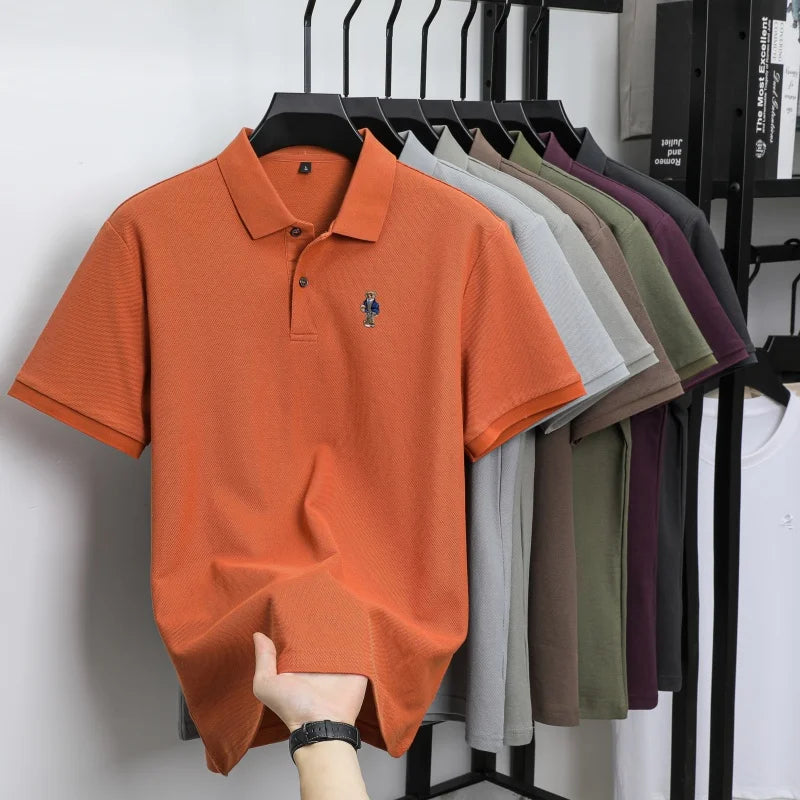 100% pure cotton new men's short sleeved polo shirt summer fashion original high-end brand bear embroidery golf casual T-shirt